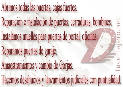 Cerrajero Abrantes. Abrimos todas las puertas y cajas fuertes. Reparacion e instalacion de puertas, cerraduras, bombines.Instalamos muelles para puertas de portal, oficinas.Raparamos puertas de garaje. Amaestramientos y cabio de gorjas. Hacemos dasahucios y lanzamientos judiciales con puntualidad. Cerrajeria en Abrantes.